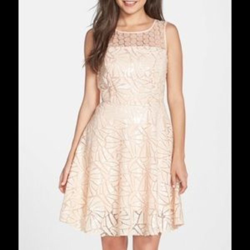 Eva Franco Sequin Fit & Flare Dress Mesh Top